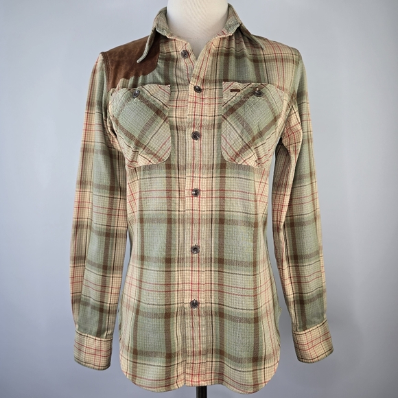 Ralph Lauren Tops - Ralph Lauren Plaid Western Cotton Shirt Suede Shoulder Patch Women's Size 4